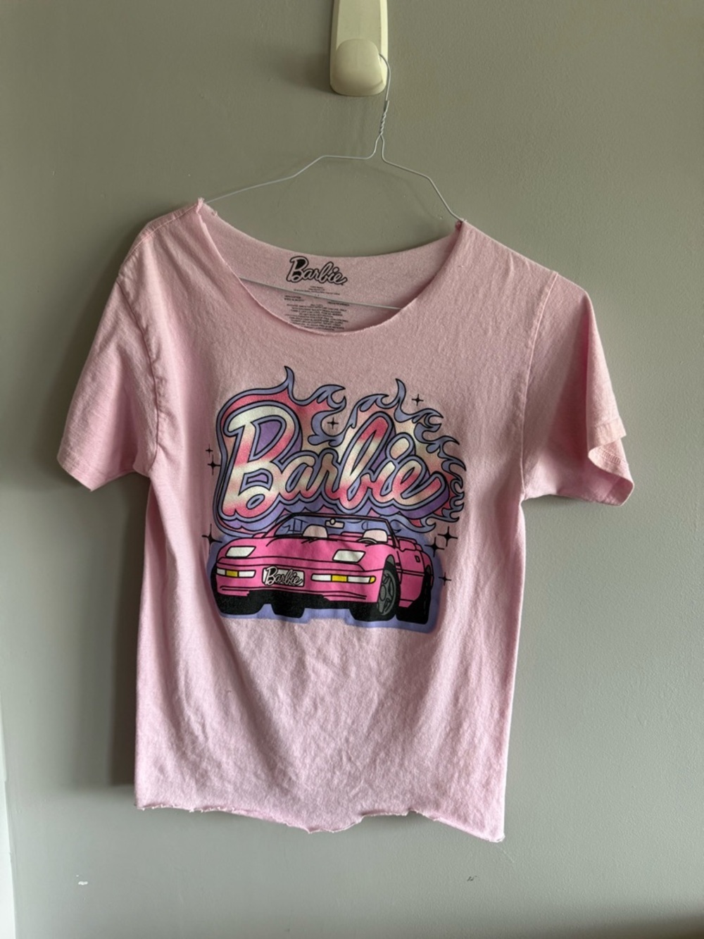 Barbie Pink Graphic Tee Medium 2004 Mattel Y2K Raw Hem